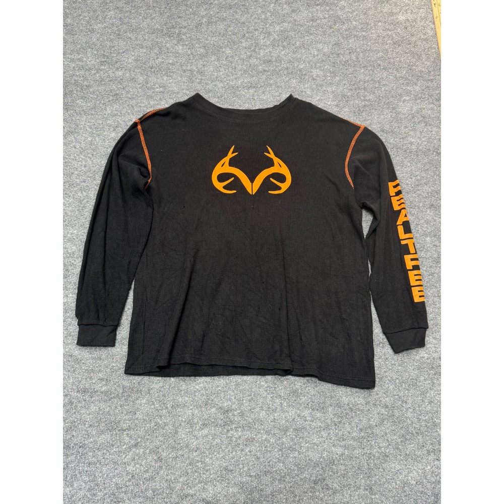 Realtree Mens Large Thermal Shirt Black Orange Long Sleeve Waffle Knit Staghorn